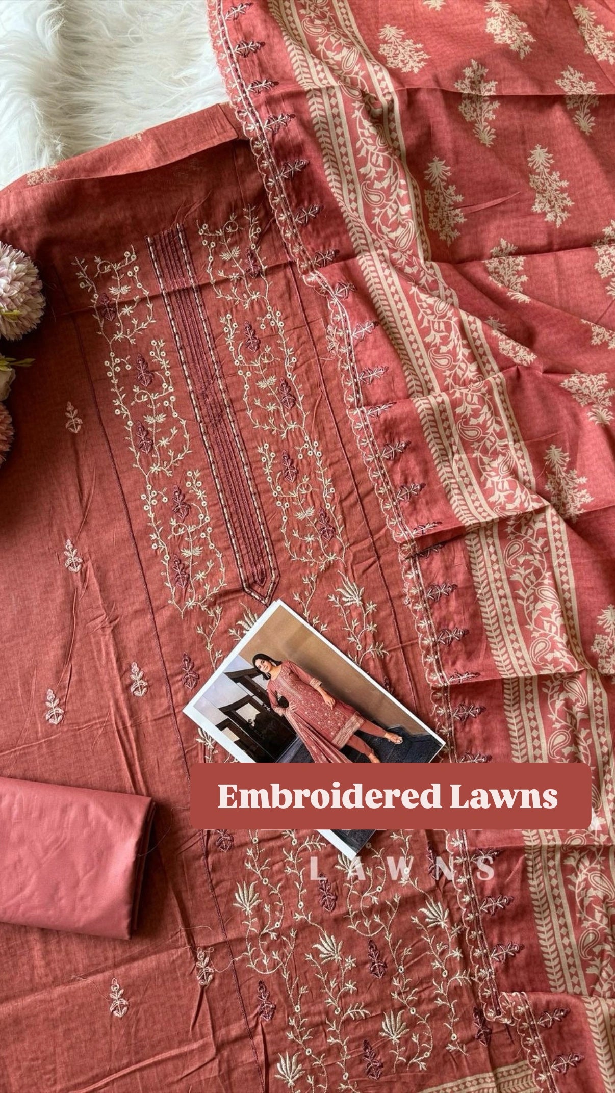 Peach Embroidered Cotton Suit