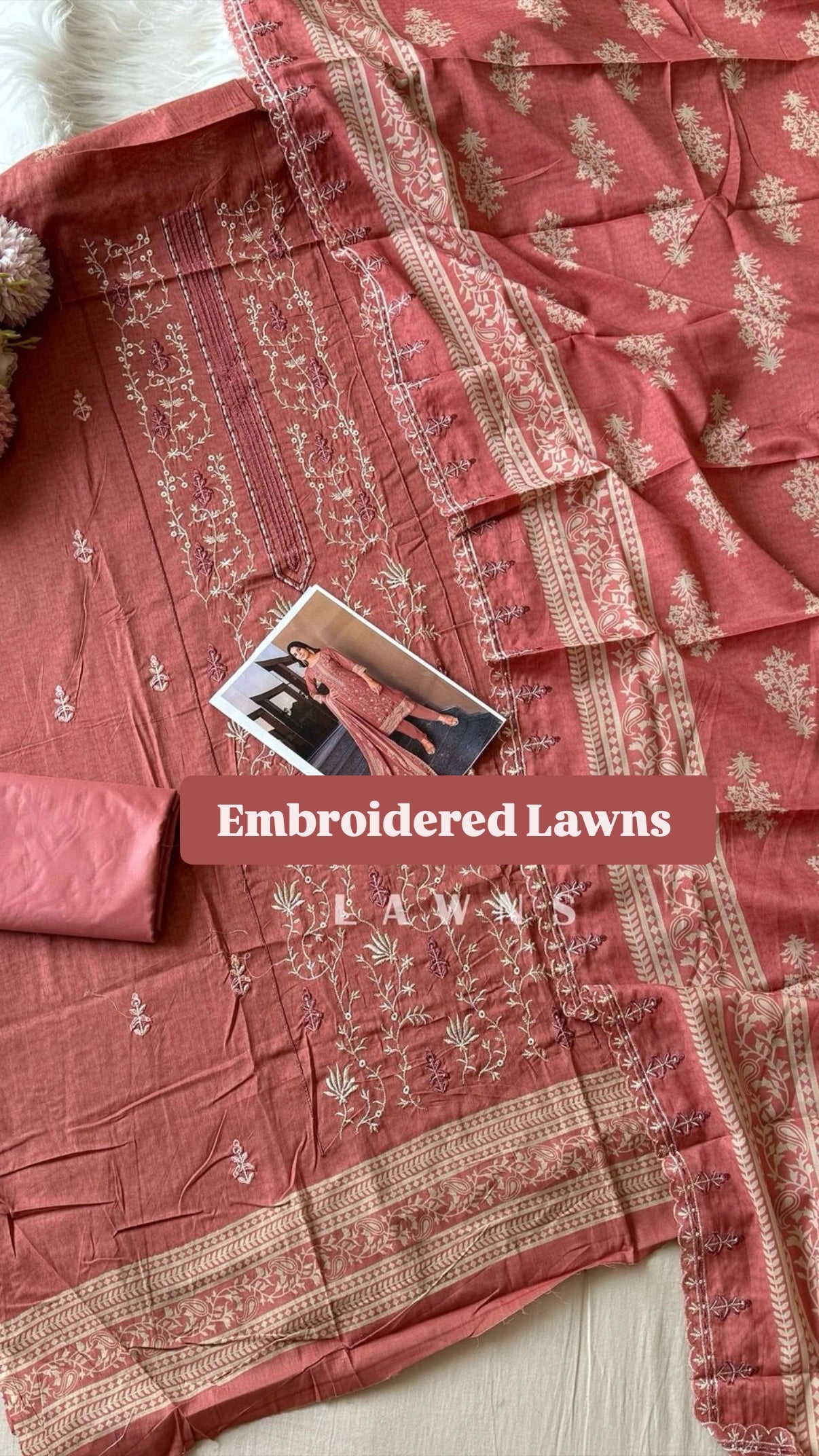 Peach Embroidered Cotton Suit