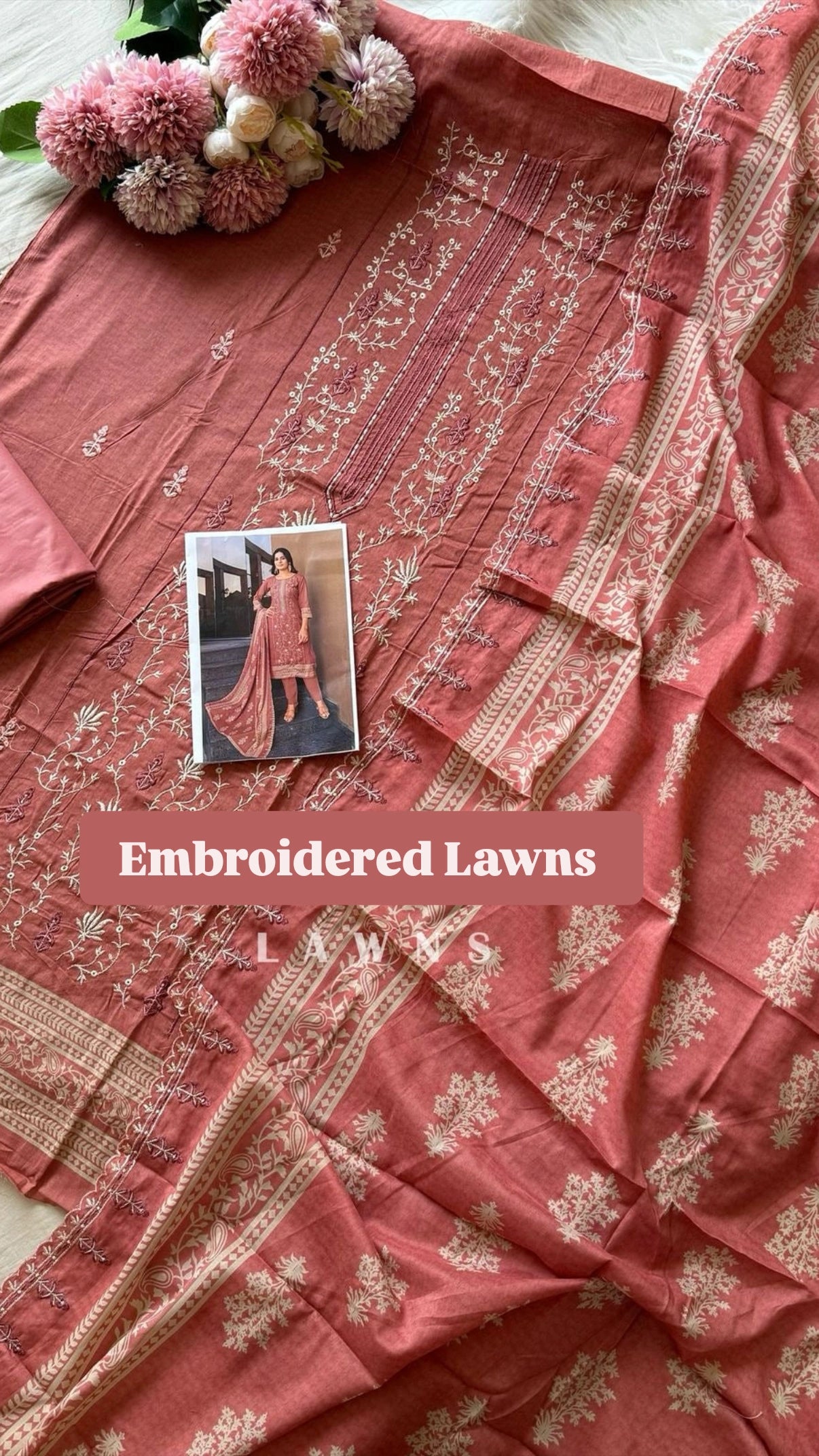 Peach Embroidered Cotton Suit