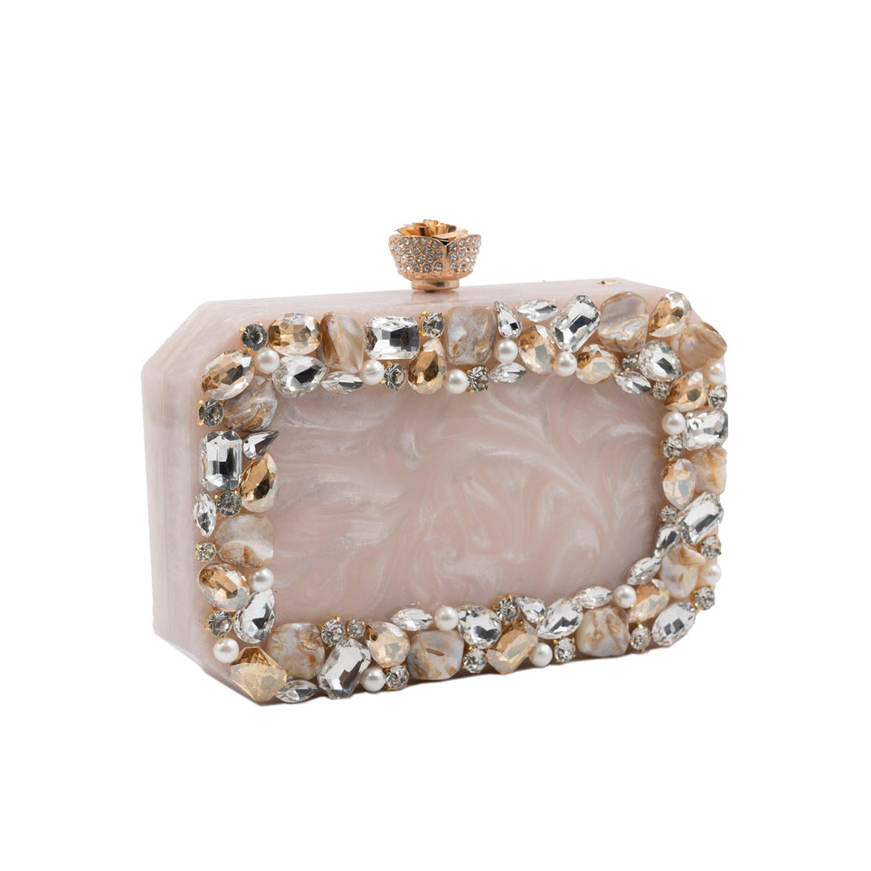 Beige Luxury Resin Embellished Clutch